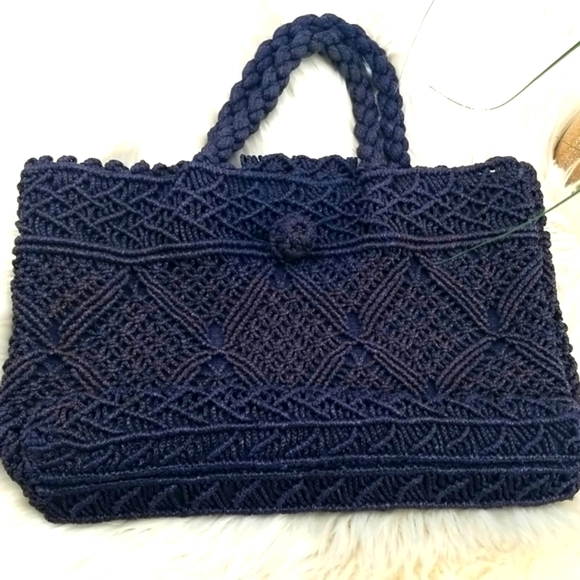 Navy Blue Crochet Handbag Boho Chic Whimsigoth Fairy Peasant - Picture 3 of 11